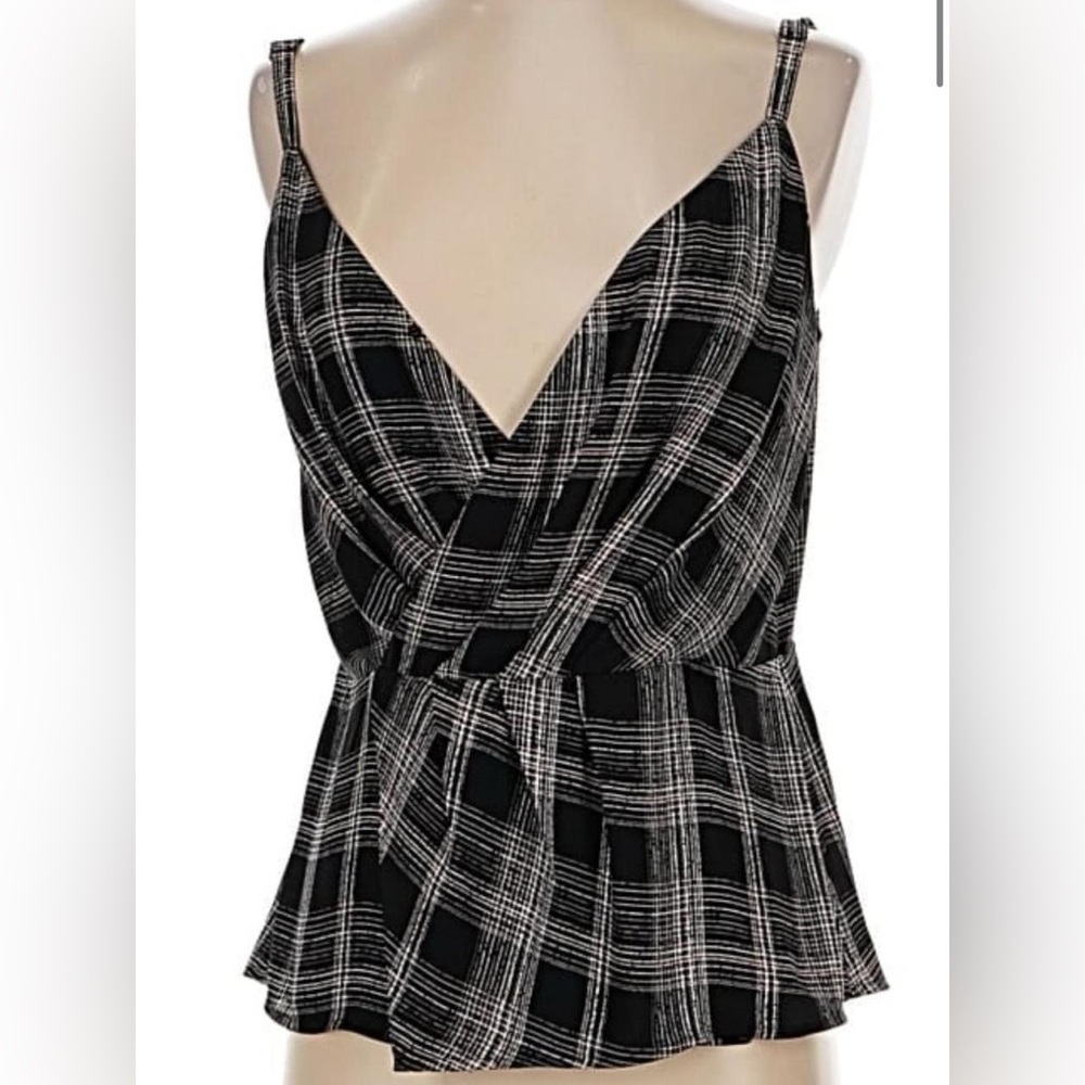 White House Black Market Black and White Plaid Spaghetti Strap Peplum Top
